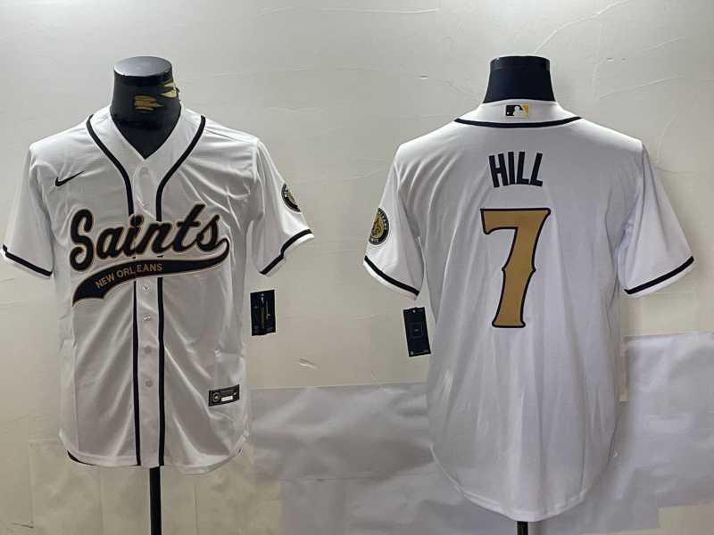 Mens New Orleans Saints #7 Taysom Hill White With Patch Cool Base Stitched Baseball Jersey